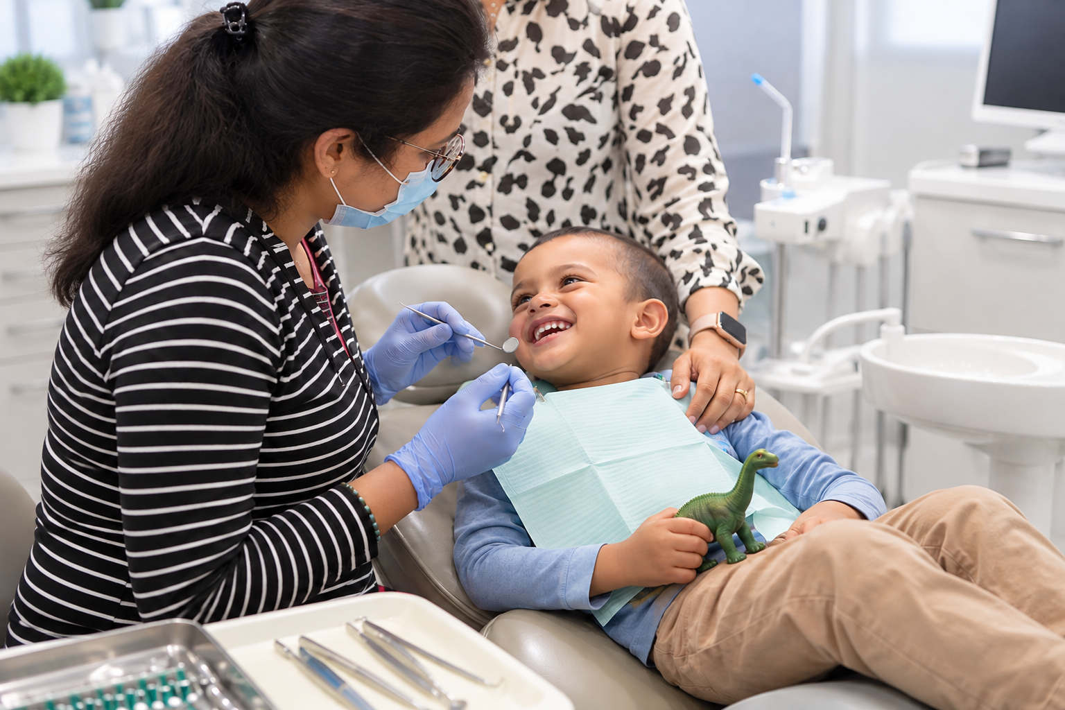 Child smiling during dental exam with dentist and parent present