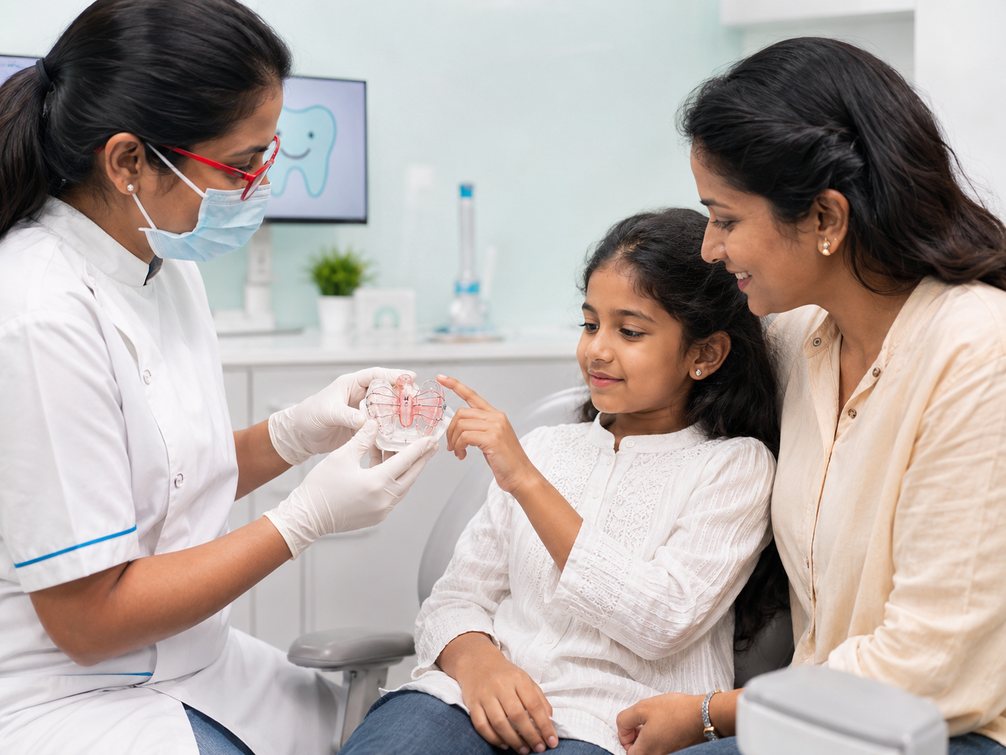 Dentist explaining dental model to a child and parent