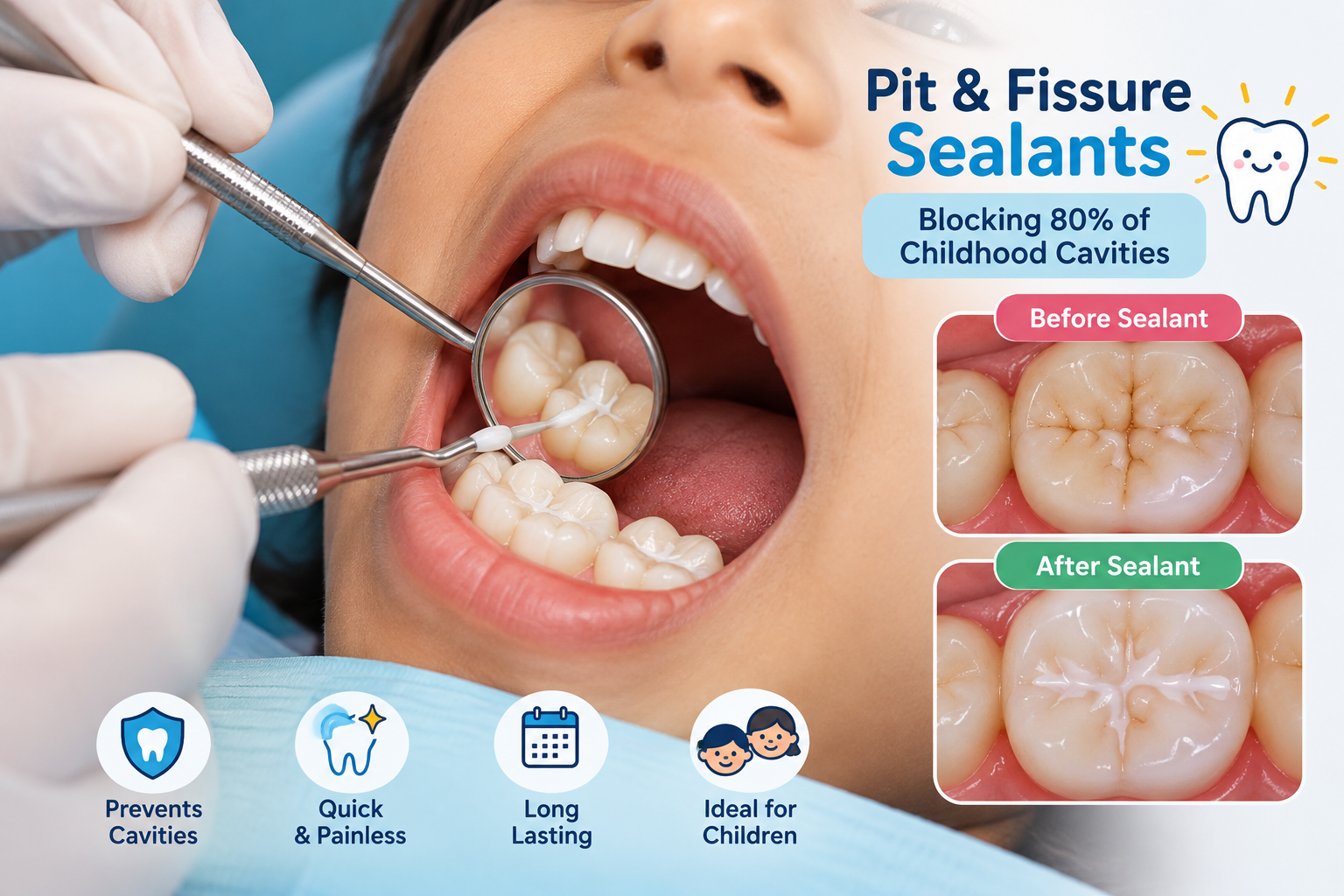 Pit and fissure sealants procedure - before and after comparison