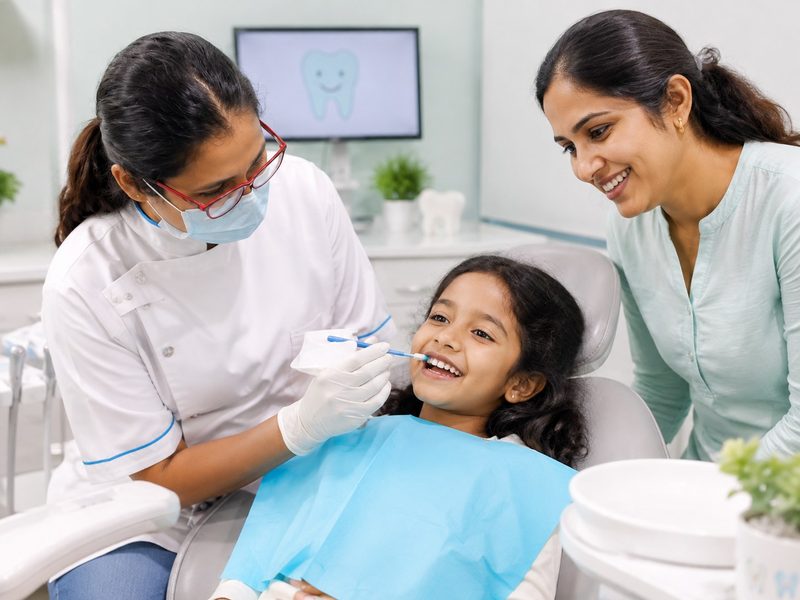 Dentist with child patient during preventive checkup