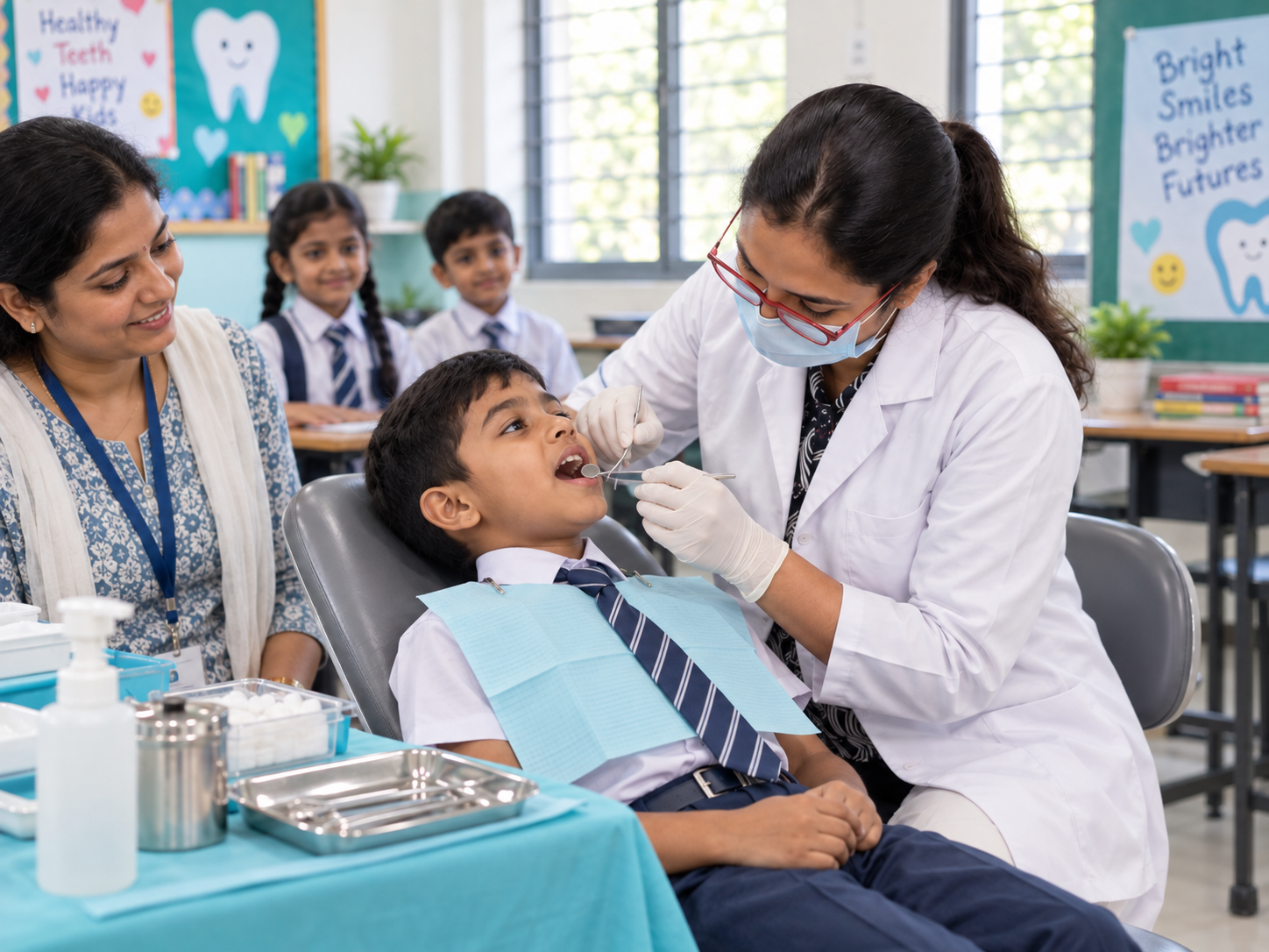 Children at dental checkup