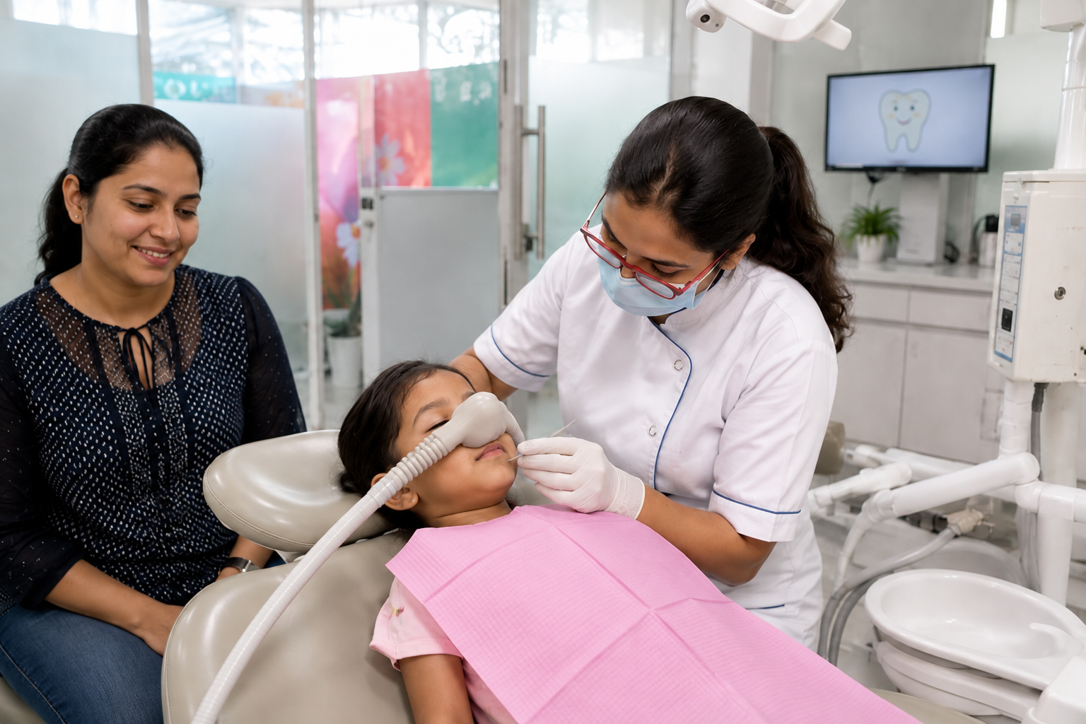 Child with nitrous oxide sedation at dentist, mother present