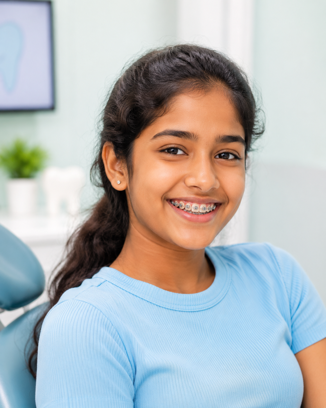 Smiling girl with braces sitting comfortably in a dental chair
